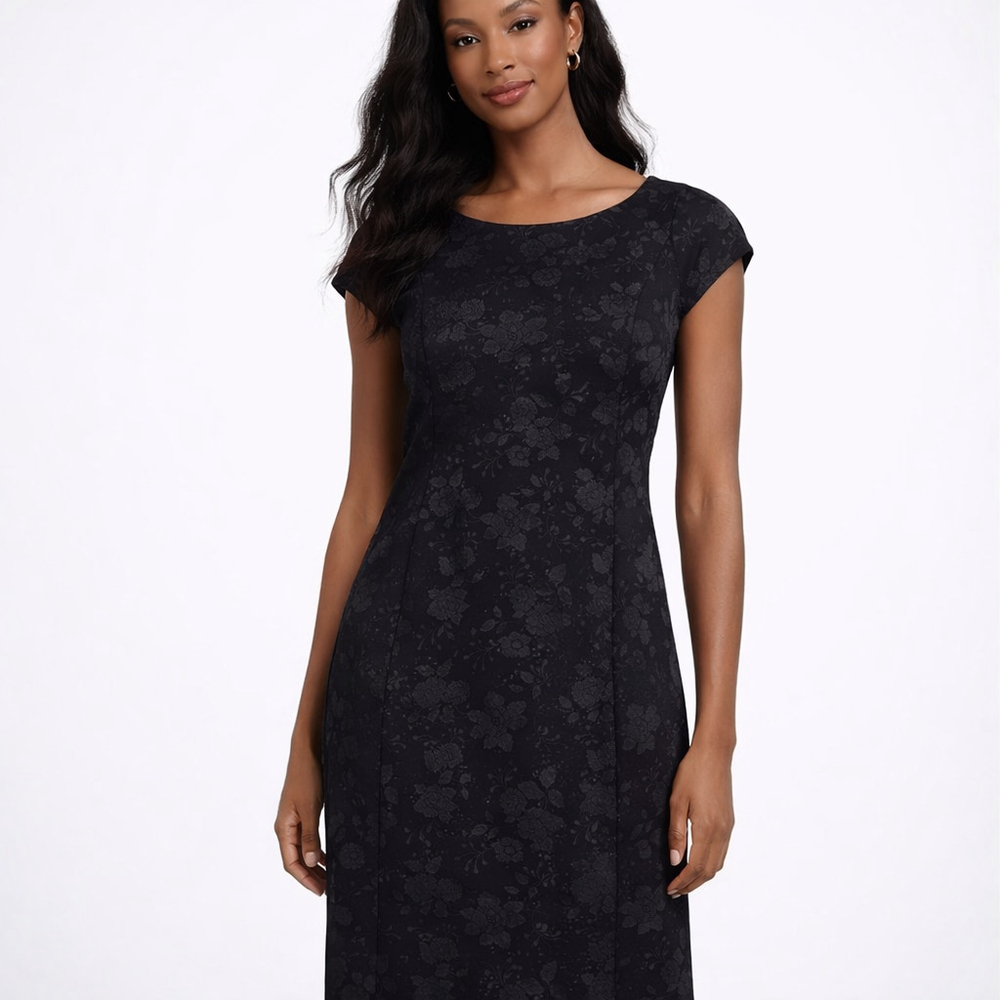 VIRGO Black Gray Floral Cap Sleeve Dress Size 16 NWT